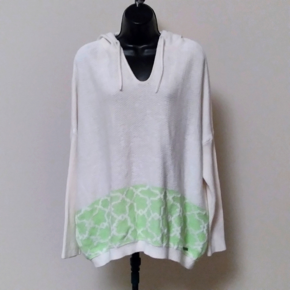 SWEATY BETTY White & Flourescent Green V-Neckline Drawstring Hooded Swea…